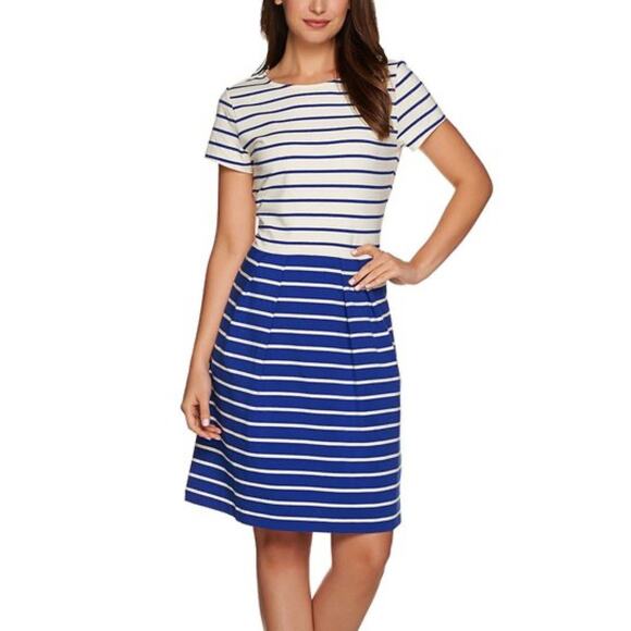 Isaac Mizrahi Live Size L Ink Blue Stripe Short Sleeve Fit & Flare Knit Dress - Picture 1 of 10